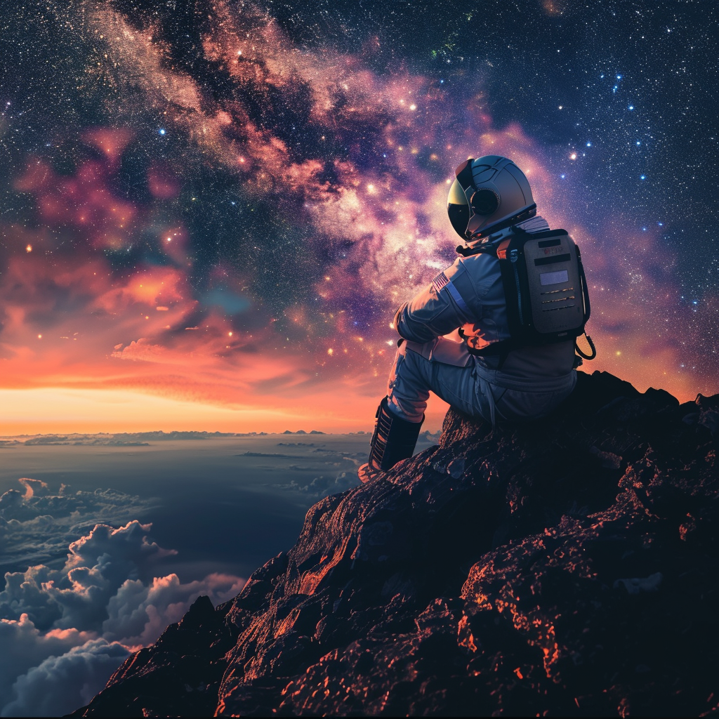 Astronauta sentado numa montanha olhando a Via Láctea ao amanhecer, imagem gerada no Arki Imagine